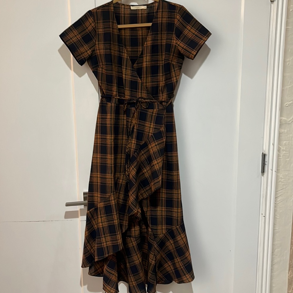 Lush Small Plaid Wrap Around Flowing Feminine Dress